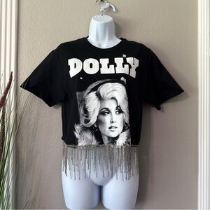 #656 Dolly Parton short sleeve cropped bling shirt size small